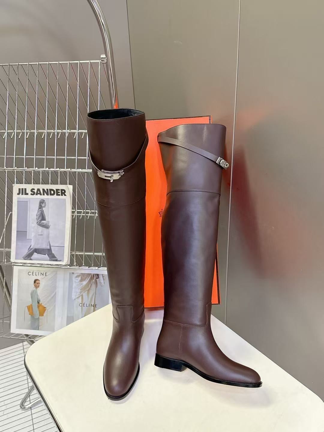 Dark brown leather over-the-knee boots with silver lock buckle