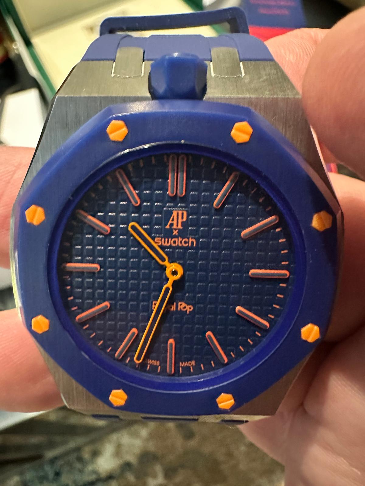 AP x Swatch Royal Pop blue and orange watch close-up