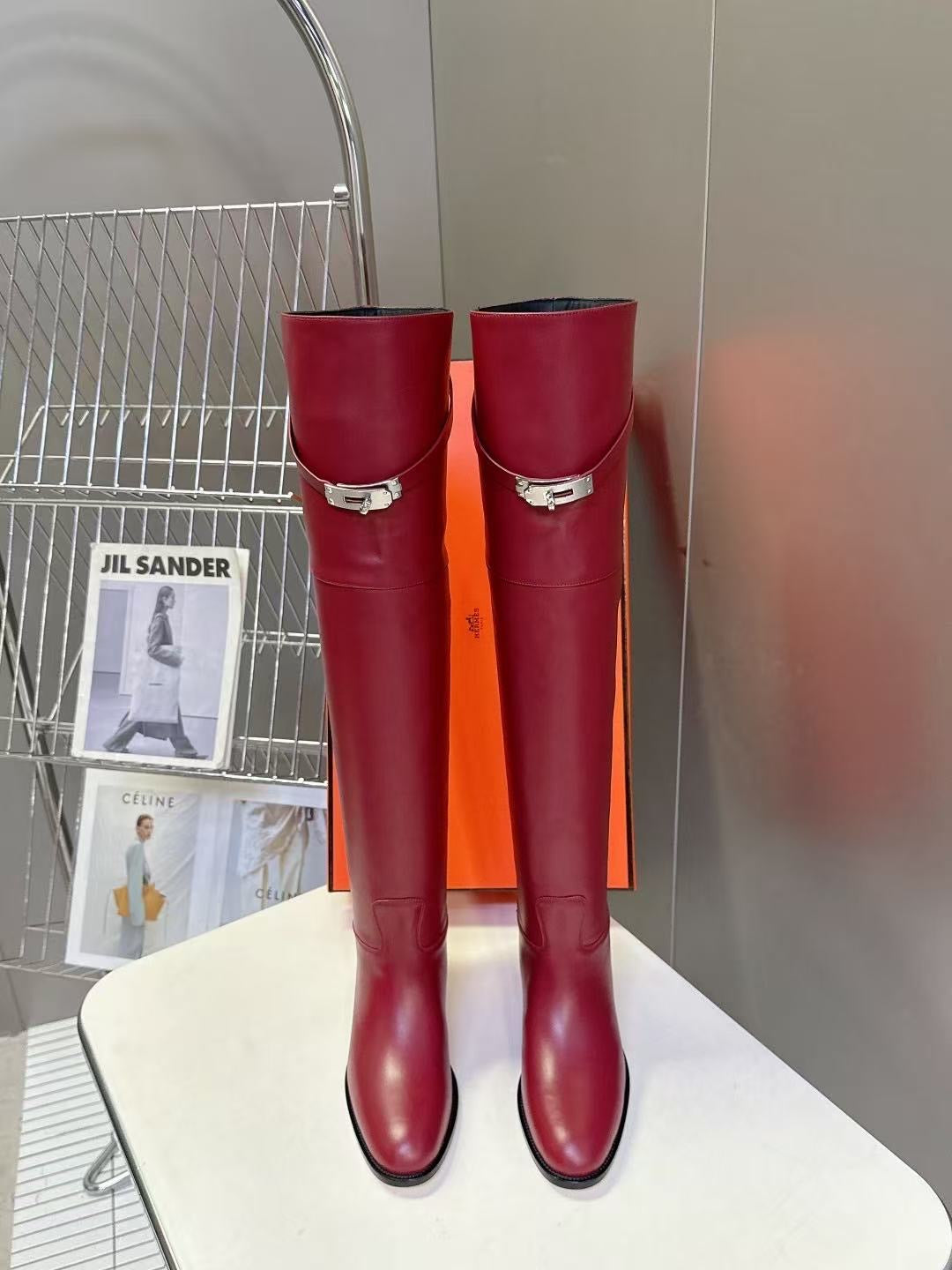 Tan leather over-the-knee boots front view